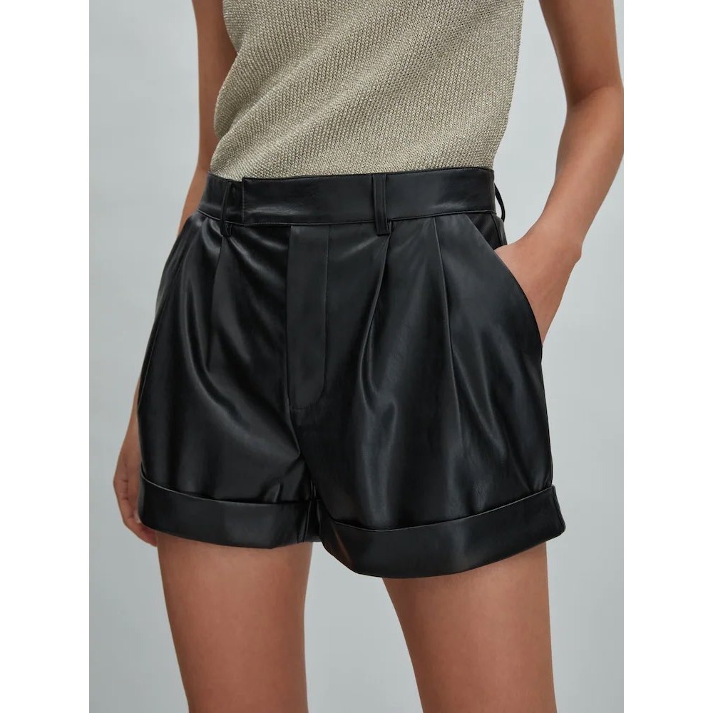 PAIGE Black Faux Leather Pleated Shorts High Rise Cuffed Vegan Leather Size 6